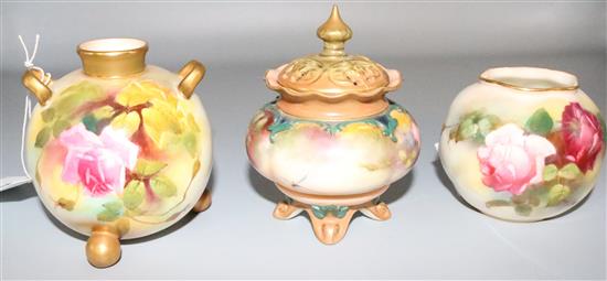 Three Royal Worcester rose painted vases, unsigned, one damaged